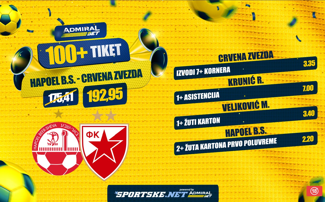 AdmiralBet 100+ tiket - Krunić asistent, kartoni i korneri za 192,95